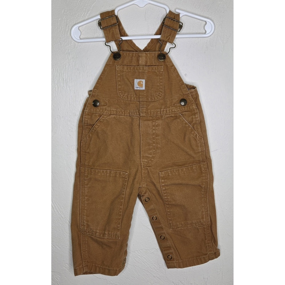 Carhartt Infant Baby Boy 6 Months Canvas Bib Double Knee Overalls Leg Snaps Tan